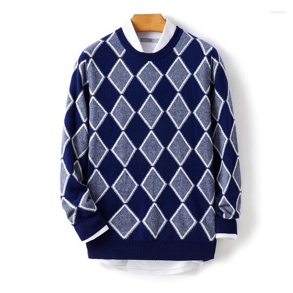 Erkek Sweaters 2023 Sonbahar/Kış Saf Yün Kontrast Yuvarlak Boyun L Pırlanta Külot rahat ve rahat kazak