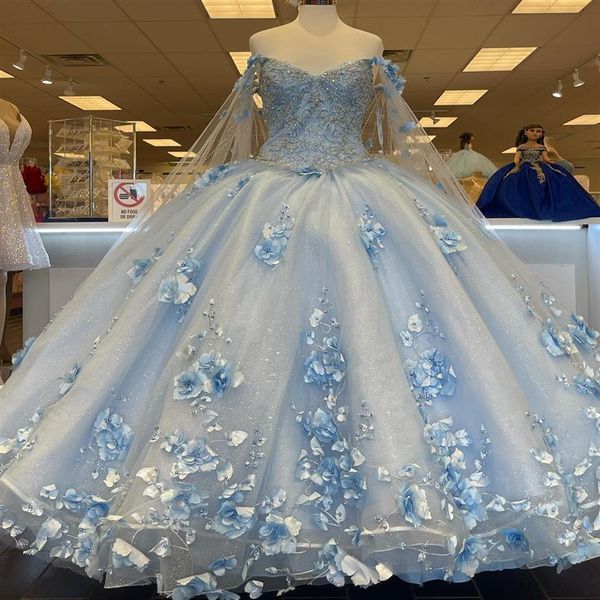 Vestidos de quinceanera azul claro com alça 2022 para doce festa de 15 anos moda 3D flor rendado apliques luxo princesa vestidos de aniversário Quince225b