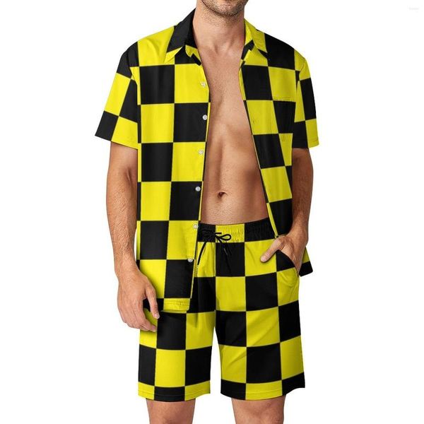 Tute da uomo Bicolore nero e giallo Set da uomo Mod Checkers Camicia casual retrò Set Design a maniche corte Pantaloncini Summer Vacation Suit Plus