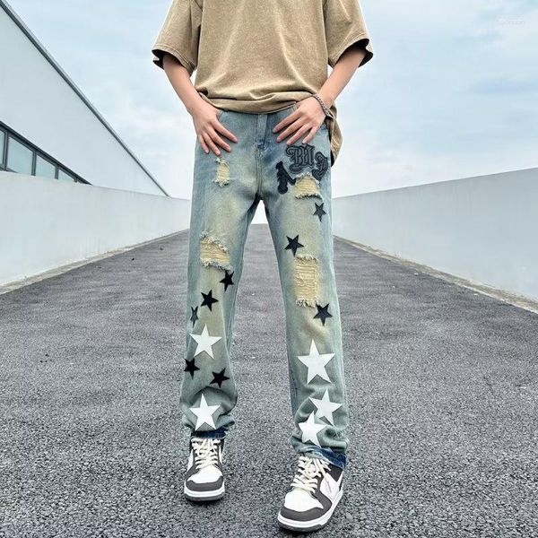 Erkek pantolon denim instagram tarzı yıldız basılı kot moda kırık düz bacak rahat gevşek boyut S-3XL