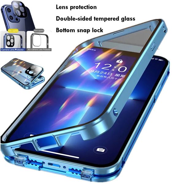 360ﾰ Металлический магнитный адсорбционный чехол для iPhone 15, 14, 13, 12 Pro Max 11 plus, чехлы, оригинальная фиолетовая рамка из металлического сплава, двусторонняя стеклянная крышка
