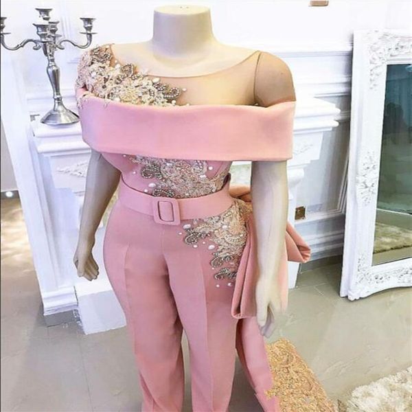 Macacão vestido de noite luxuoso rosa com cauda longa e translúcida decote com contas de cristal árabe Dubai Ocasião Calça de formatura 2287