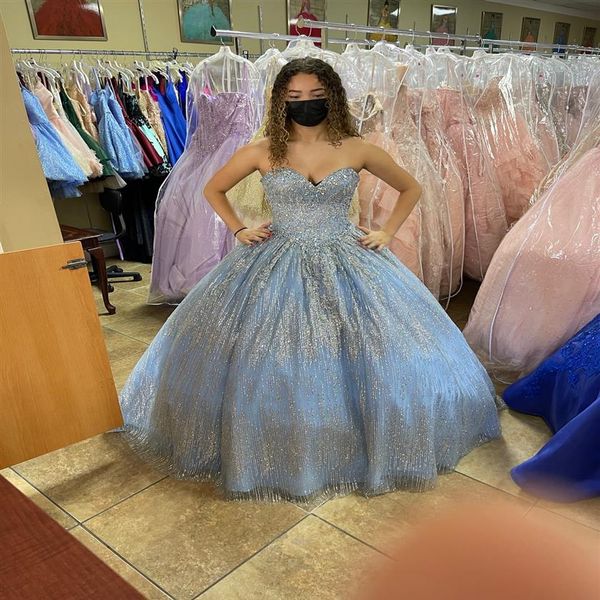 Elegante azul bebê lantejoulas vestidos quinceanera vestido de baile 2022 decote coração prata renda frisado plus size vestidos de festa de formatura para sw312f