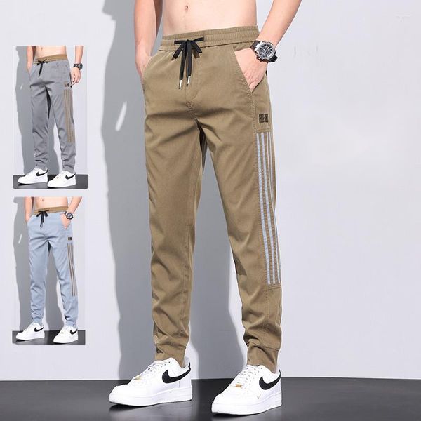 Calça Masculina Conjunto de Tecido Lyocell Pé Masculino Verão Fino Solto Tubo Reto Coreano Listras Laterais Casuais Esportes Masculino Calças Streetwear