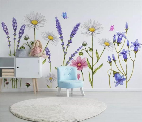 Papéis de parede decorativos contemporâneos simples pintados à mão jardim fundo parede com pequenas flores frescas