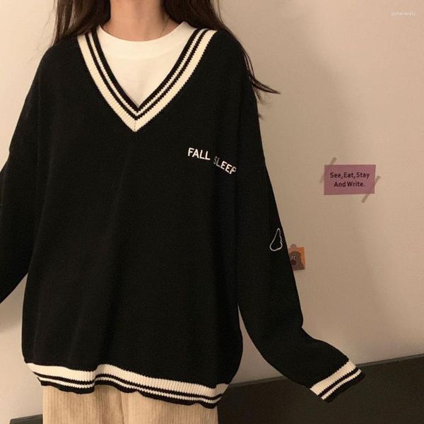 Kadın Sweaters College Style Sweater Retro Külot Kız V Yağ Uzun Sızlı Gevşek Gevşek Moda All Maç Lazy OAF