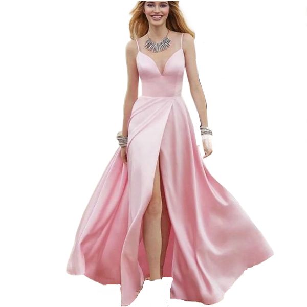 Eleganti abiti da ballo lunghi rosa Abiti da sera sexy con scollo a V in raso con spacco alto da donna Abiti da festa di fidanzamento senza schienale