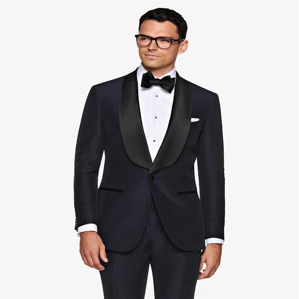 Smoking Noivo Azul Marinho Preto Xaile Lapela Men Casamento Smoking Moda Masculina Jaqueta Blazer Masculina Jantar de Formatura Terno DartyJaqueta Calças Gravata304L