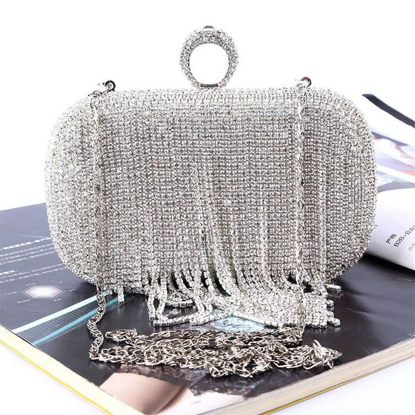 Neue Strass Damen Clutch Taschen Diamanten Quasten Fingerring Abendtaschen Kristall Hochzeit Braut Handtaschen Geldbörse Bags302U