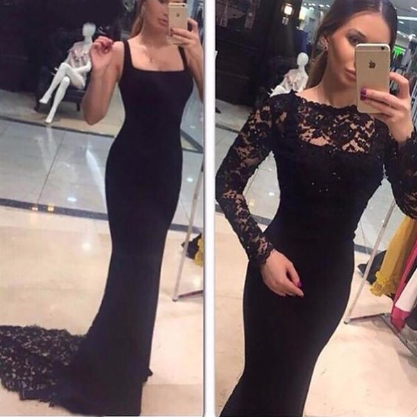 Preto Sexy Vestidos de Noite Longos Duas Peças Sereia Decote Redondo Apliques de Renda Frisado Manga Longa Vestido de Baile Preto257I