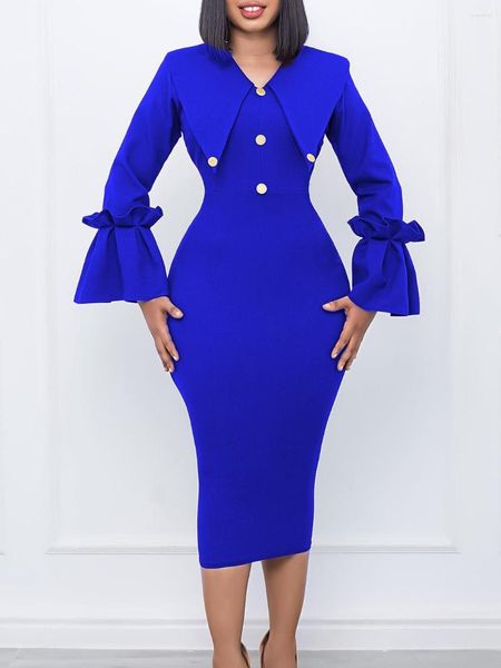 Повседневные платья aomei elegant с длинным рукавом женщин bodycon v шее пуговица Flare Vintage Royal Blue Black White Office Lady Ware Wear