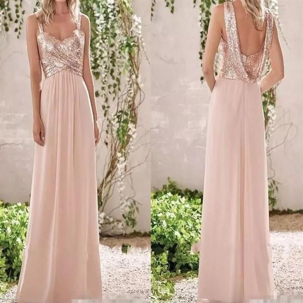 Eleganti nuovi abiti da damigella d'onore in oro rosa A Line Spaghetti Backless Paillettes Chiffon economici Long Beach Wedding Guest Dress Maid of Ho269Q