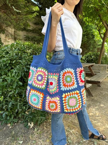 Akşam çantaları kadın patchwork tığ işi renkli çanta bayanlar boho omuz büyükanne kare sevimli çanta büyük kapasite çantaları onun/anne için