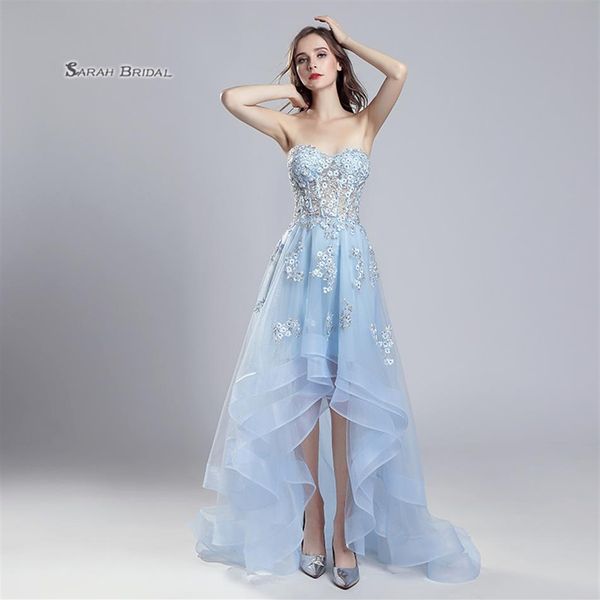 Vestido de festa de formatura azul bebê rendado linha A hi-lo 2019 sexy elegante vestidos de festa para ocasiões noturnas vestido formal sem mangas LX552290m