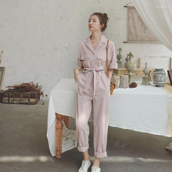 Damen Jumpsuits Kurzarm Strampler Frauen Sommer Einreiher Einteilige Hosen Sets Overalls Büro Dame Slim Cargo Harem Hose