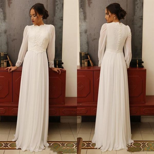 Abiti da sposa a trapezio in chiffon estivo vintage Abiti da sposa a maniche lunghe a sbuffo con collo alto e applicazioni in pizzo293q