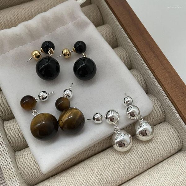 Orecchini a bottone Tiger Eye Stone Double Ball per le donne Black Sphere Minimalista Simple Elegant Jewelry In