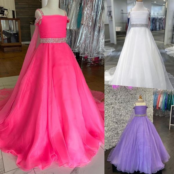 Little Miss Festzugskleid für Teenager, Junioren, Kleinkinder 2022 mit Umhang, weiß-lila Organza, langes Erstkommunionkleid für Kinder, Kristalle, Stra3356