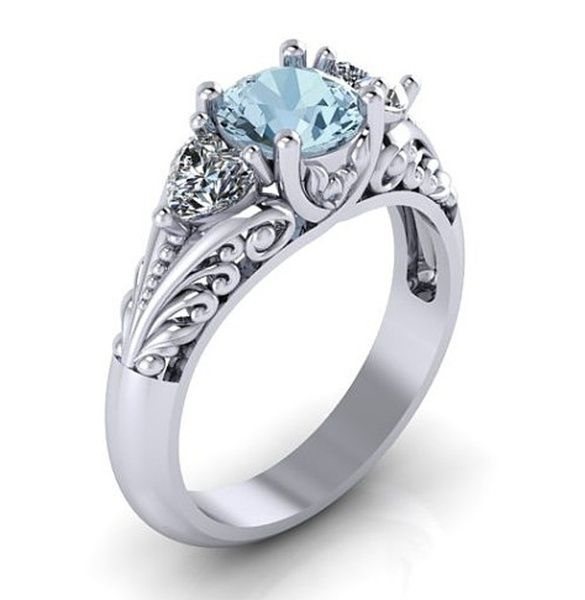 Delysia King Women Trendy stile antico taglio rotondo gioielli in cristallo blu fiore scavato anello di fidanzamento taglia 5-11
