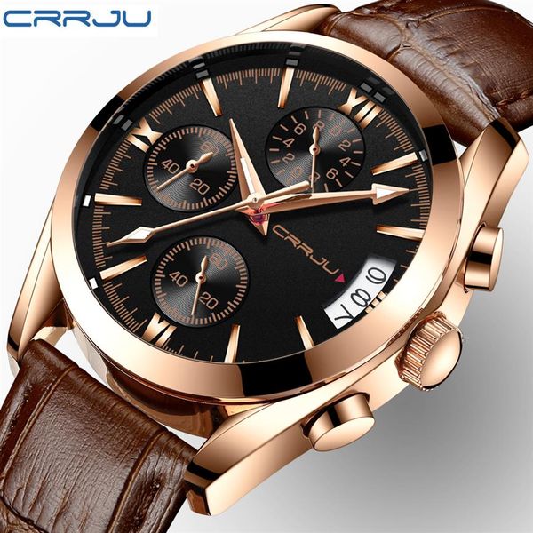 Crrju Mens Chronograp Sport Watches Luxury Quartz Gold Watch Мужчины повседневные кожаные бизнес Водонепроницаемые наручные часы Relogio Masculino205K