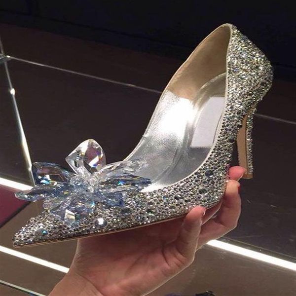 Novos sapatos de salto alto de strass cinderela mulheres bombas dedo do pé pontudo mulher sapatos de casamento de cristal 7 cm ou 9 cm salto tamanho grande274a