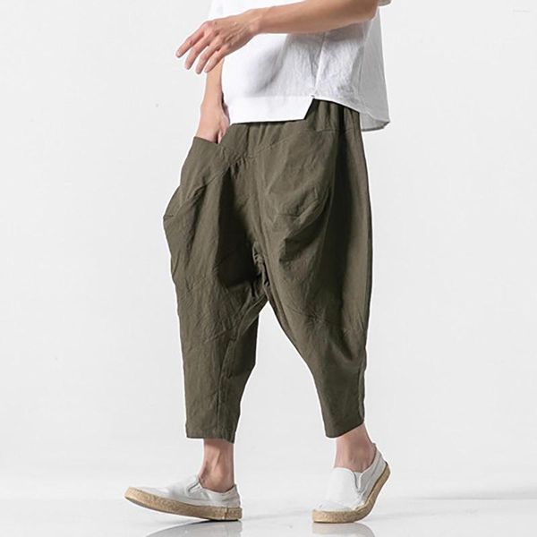 Мужские брюки хлопковые льняные брюки негабаритные брюки свободные дно -дышащая тонкая уличная одежда ежедневная одежда Pantalones Hombre 2023