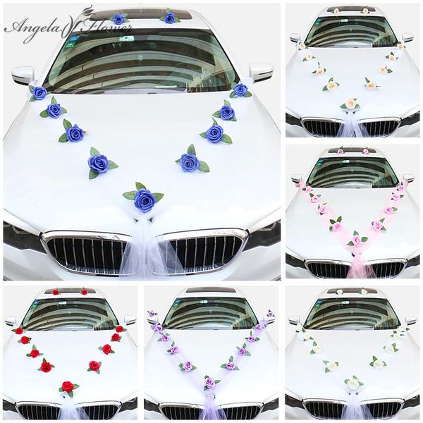 Lapidi Decorazioni per auto nuziali Fiori artificiali con nastro per maniglia della portiera dell'auto Specchietto retrovisore Decorazione per angolo posteriore Ghirlanda di fiori di rosa di seta