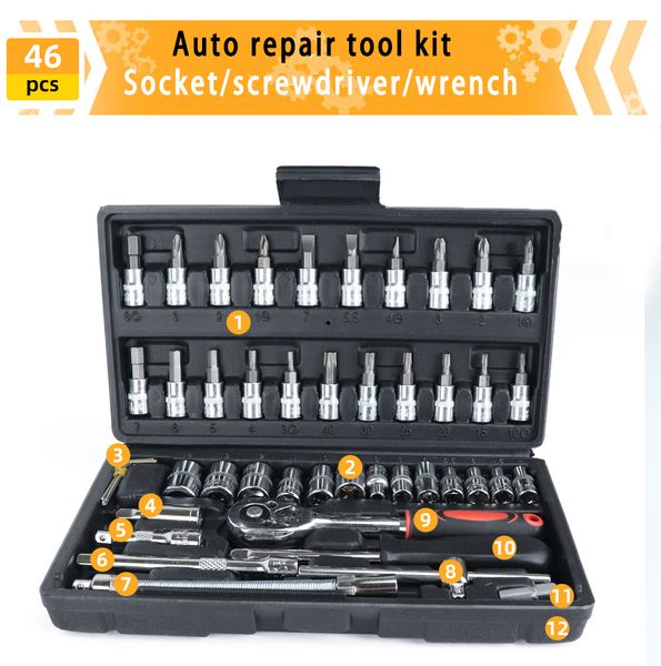 Set di attrezzi manuali Casa, bicicletta, kit di attrezzi per riparazione auto Set di attrezzi meccanici Cassetta di attrezzi da 1/4 di pollice Chiave a bussola a cricchetto Kit di attrezzi