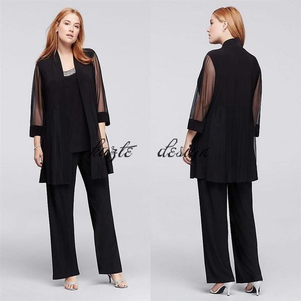 terninho plus size de 3 peças com decote frisado chiffon preto custom make mãe da noiva terno calça 299y