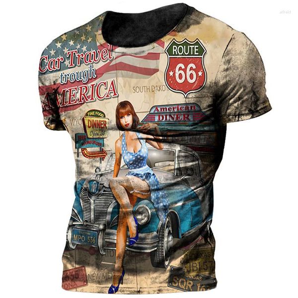 Camisetas masculinas Vintage 66 Route Camiseta masculina estampada em 3D Biker Motor Oversized Racing manga curta 6XL