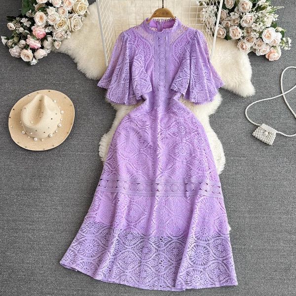 Vestidos casuais básicos verão elegante flor de crochê oco vestido de renda roxo francês para mulheres manga voadora gola alta clube festa midi vestidos 2023