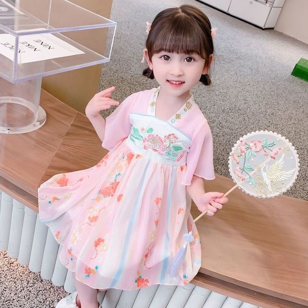 Niedliches und schönes Kinder-Damen-Sommer-Super-Fee-Hanfu-Kleid 2023, neues Mädchen im chinesischen Stil, antiker Chiffon-Rock