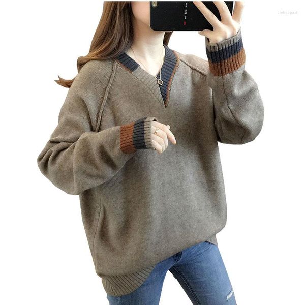 Maglioni da donna con scollo a V Usura esterna allentata Top 2023 Donna Autunno Inverno Stile Rete interna Maglione rosso Pullover femminile Primavera lavoro a maglia OK1195