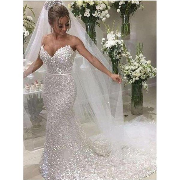 Abiti da sposa a sirena sexy senza spalline con paillettes bianchi scintillanti 2020 Abito da sposa illusione taglie forti di lusso Abiti da sposa Abiti da 213M