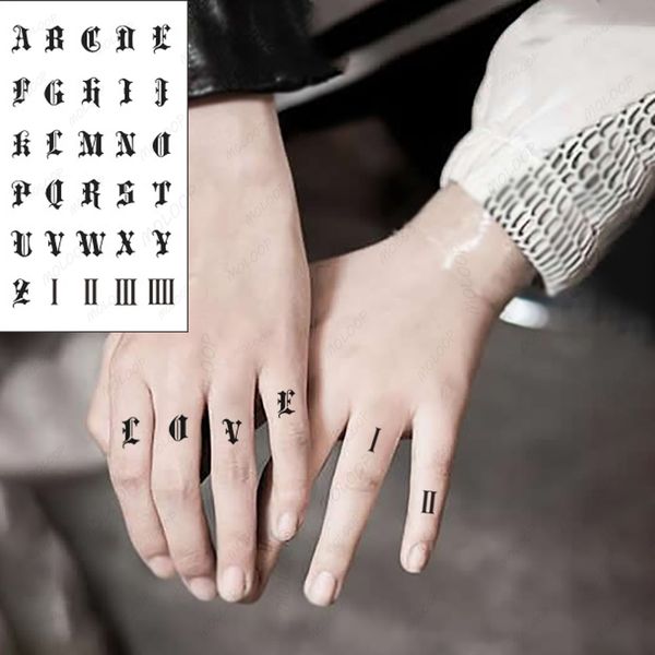 Tattoo-Aufkleber, englisches Alphabet, Buchstabe, römische Ziffern, wasserdicht, temporäre Körperkunst, gefälschtes Flash-Tattoo für Männer, Frauen, Kinder