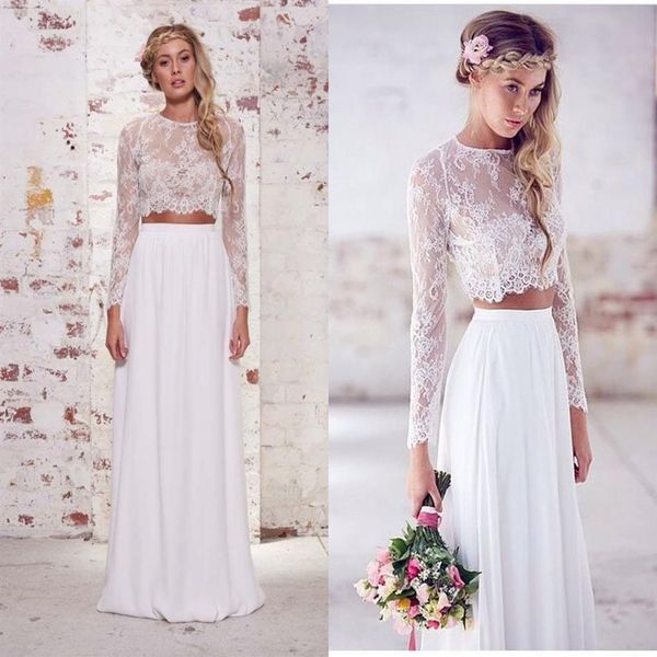 2021 Due pezzi Crop Top Abiti da sposa bohémien Chiffon increspato Lunghezza pavimento Abiti da sposa Primavera pizzo manica lunga Weddi323V