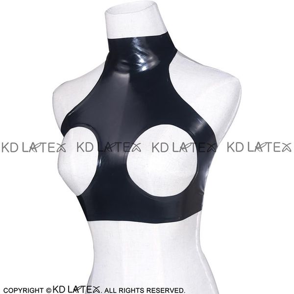 Schwarzes sexy Latex-Crop-Top-Tanktop mit Knöpfen hinten, Gummi-BH, Dessous, hoher Kragen 0003257n