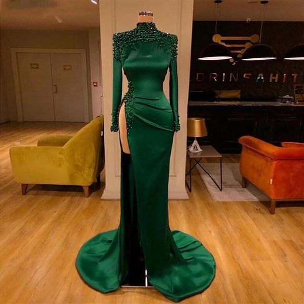 2021 Verde Esmeralda Árabe Vestidos de Noite Manga Longa Fenda Alta Vestidos de Festa de Baile Sexy Chic Beading Sereia Vestidos Formais Longos La237d