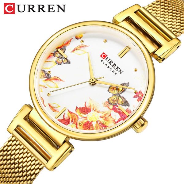 New Curren Watch Watch Watch Женщины из нержавеющей стали смотрят красивые цветочные дизайнерские часы для женщин летние дамы часы Quartz Clock2891