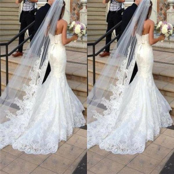 Véu de casamento princesa Véu de noiva longo de renda Uma camada de renda feita sob medida com borda Bride236q