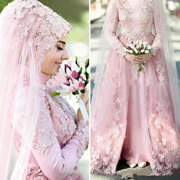 Perlenrosa muslimische Brautkleider Brautkleider 2021 A-Linie Stehkragen mit langen Ärmeln 3D-Blumenspitze Dubai Arabisch ohne Hijab Braut 262x