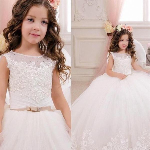 Abiti da spettacolo per ragazze gonfie carine per bambini piccoli Abiti da damigella d'onore junior lunghi Gioiello Appliques in pizzo Maniche lunghe trasparenti Flower Girl D281z