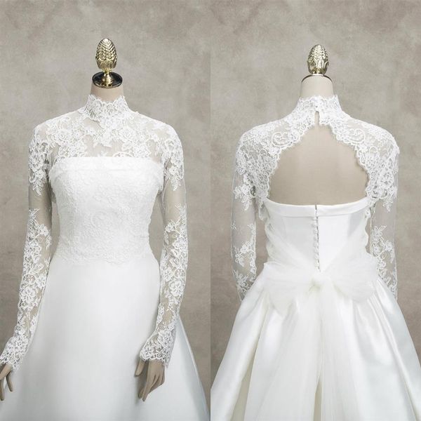 Braut-Spitzenjacke, hoher Kragen, lange Ärmel, Applikationen, Wickelhülle, Braut-Bolero für Hochzeitskleider, maßgeschneiderte hochwertige Jacke259f