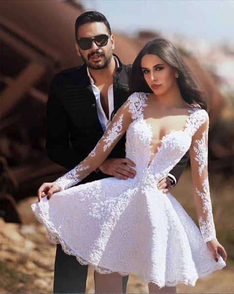 Abito da sposa corto bianco in pizzo a maniche lunghe moda 2023 Abiti da sposa con collo trasparente vestido corto de novia Abiti da sposa taglie forti