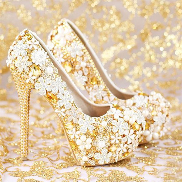 Mode Komfortable Gold Hochzeit Schuhe Frauen Schuhe Plattform High Heels Strass Braut Schuhe Handarbeit Aus Echtem Leder214W