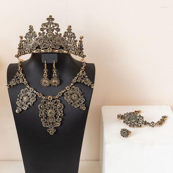 Halskette Ohrringe Set Luxus Braut Kaftan Körperschmuck Türkischen Stil Inlay Strass Ring Armband Krone 5 teile/satz