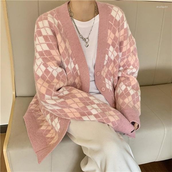 Maglioni da donna Maglioni femminili Giacca cardigan con bottoni Cardigan da donna Maglione a rombi lavorato a maglia a maniche lunghe Gilet rosa coreano da donna