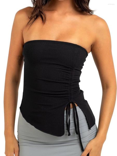 Damen Tanks Y2k Ästhetisches Tube Top Frauen Einfarbig Schulterfrei Trägerlos Ärmellos Schlitz Bandeau Mode T-Shirt 2000er Jahre Kleidung