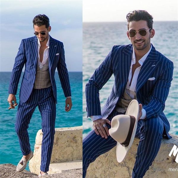 2020 Blue Stripe Men Suits Blazer Свадебный костюм Slim Fit 2 штуки для жениха смокинга мужские выпускные костюмы брюки на заказ 2897