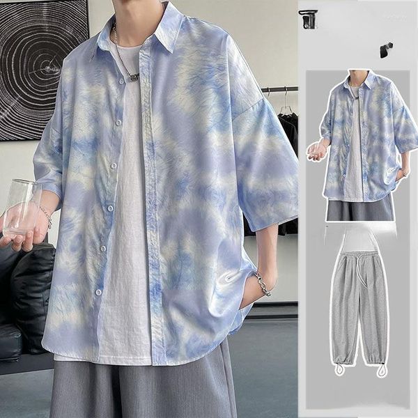 Tute da uomo 2023 Estate Moda uomo 2 pezzi Set Abbigliamento coreano Camicie tie-dye Streetwear Pantaloni gamba dritta Abiti casual maschili F31